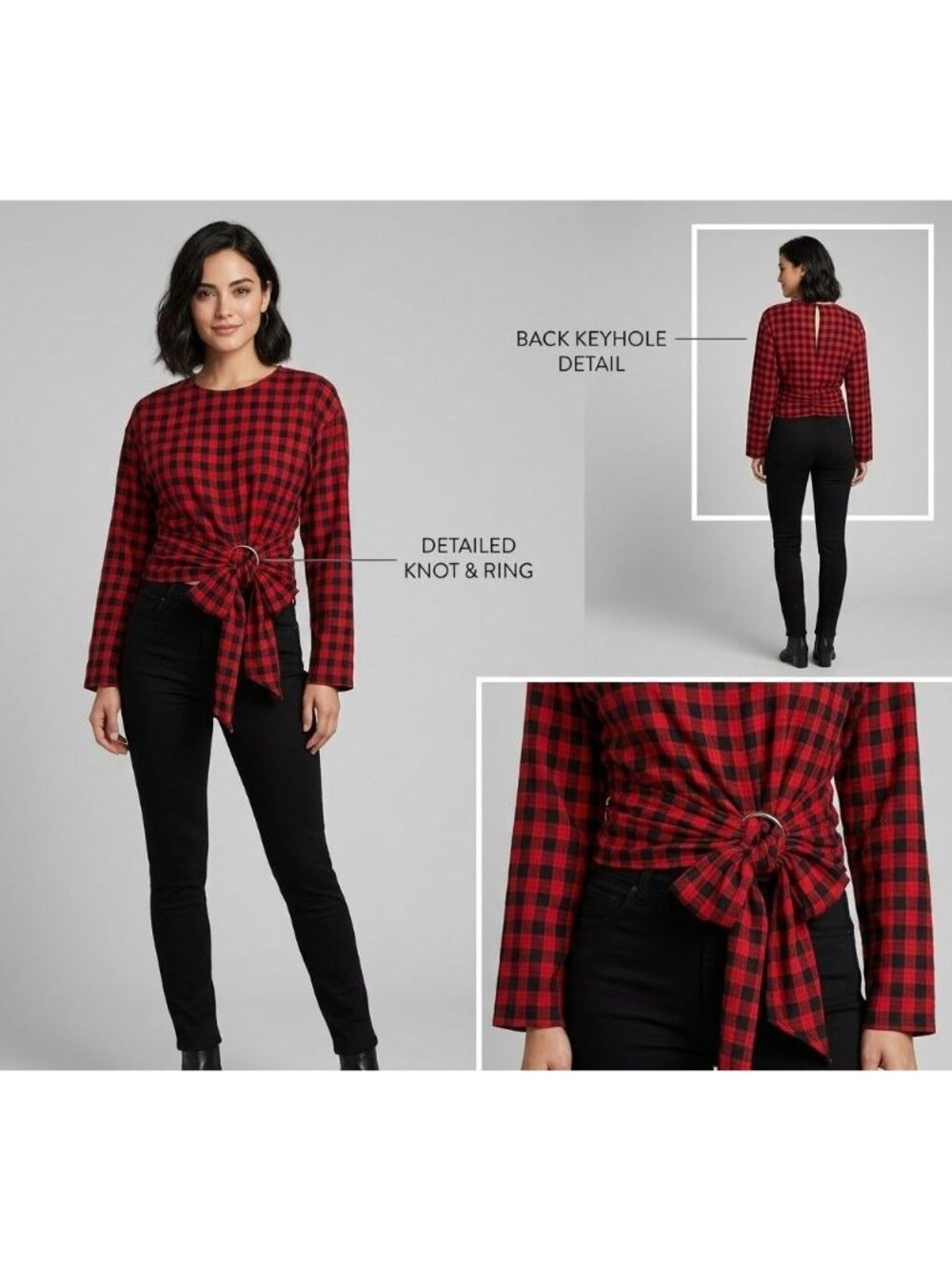 ASOS Red & Black Plaid Long Sleeve Tie Front Crop Top Size 6